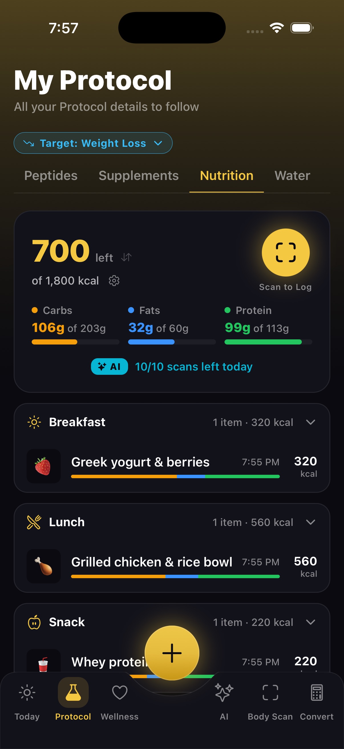 MAX Peptide AI meal scan nutrition analysis screen