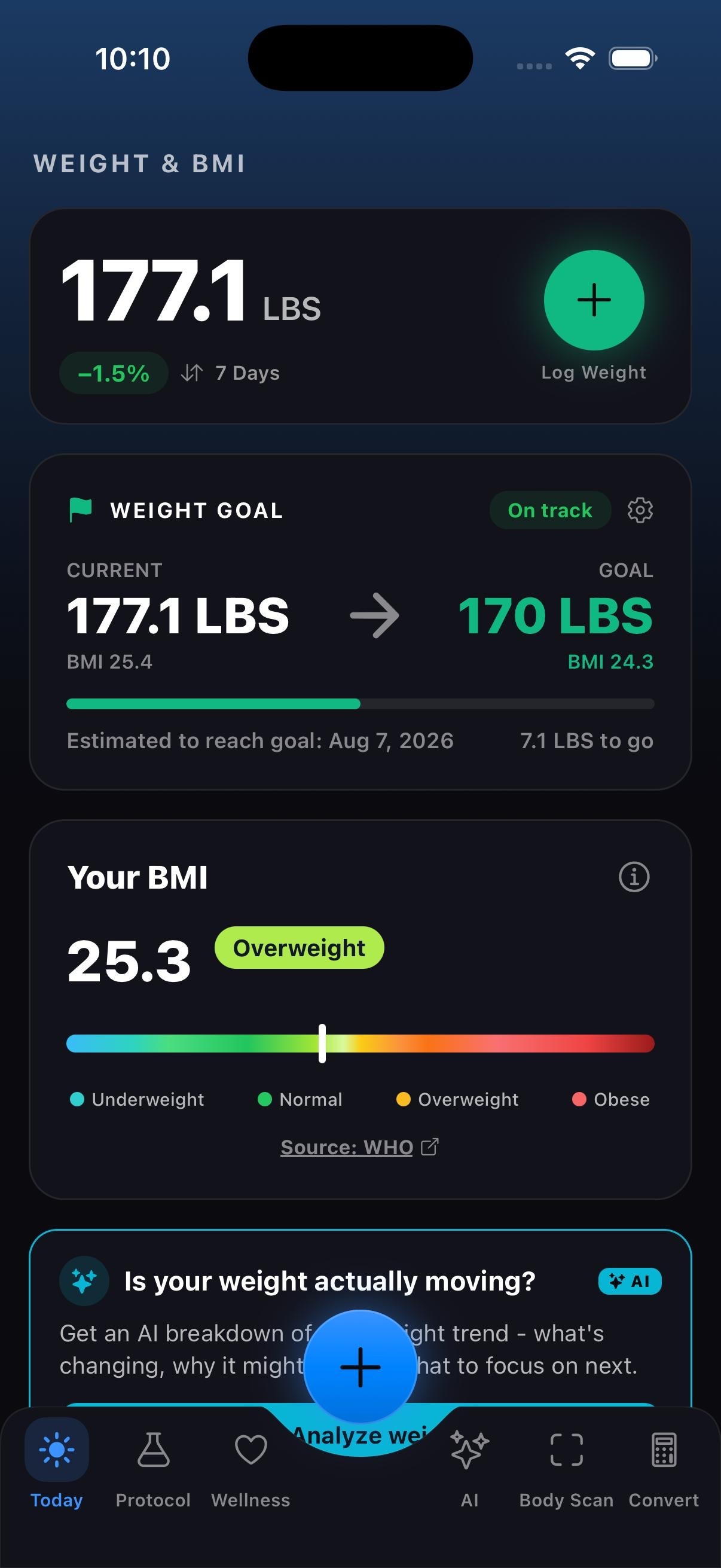 Peptides AI weight & BMI goal screen
